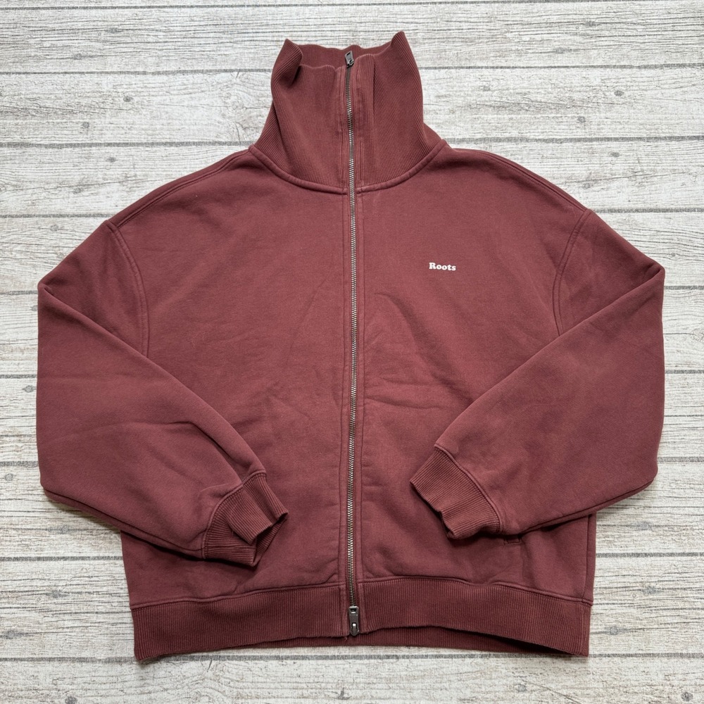 Roots Sweatshirt Women's Small Burgundy Funnel Neck Fleece Relaxed Fit Full Zip